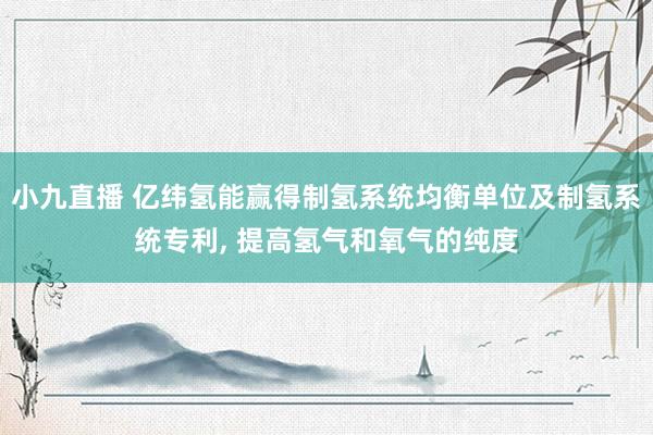 小九直播 亿纬氢能赢得制氢系统均衡单位及制氢系统专利， 提高氢气和氧气的纯度